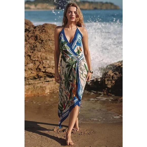 Farm Rio Tropical Destination Palm Tree Halter Strappy Maxi Dress Size S - Picture 1 of 4